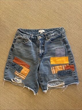 Patchwork Distressed Denim Shorts - Blue